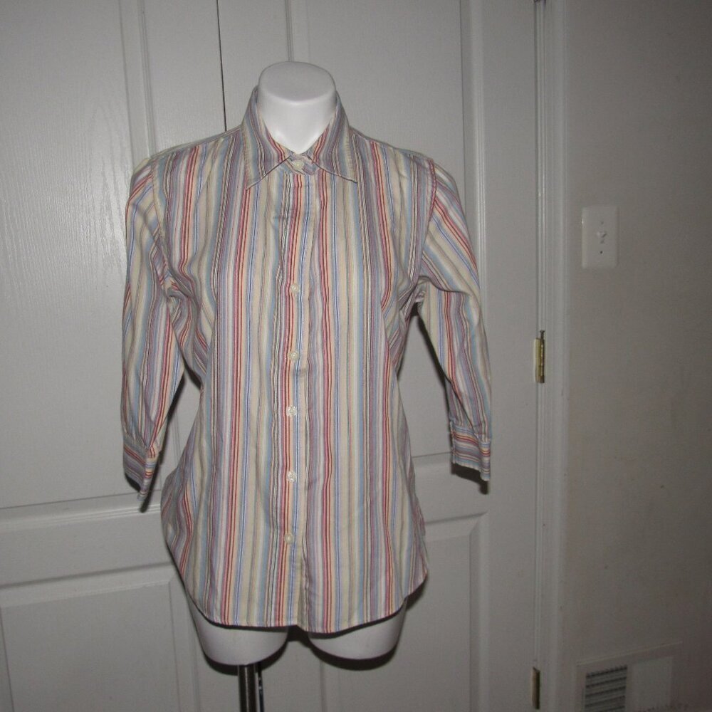 Bogari Multicolor Striped Button-Down Shirt L | Silk Cotton Blend | Preppy Chic
